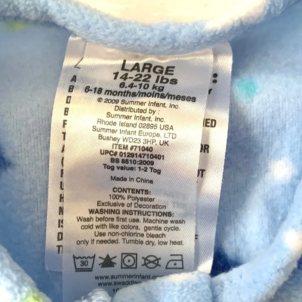 Baby Sleep Sack Fleece Blue Star Print Size Large 14-22lbs (6-18m) Double Zip